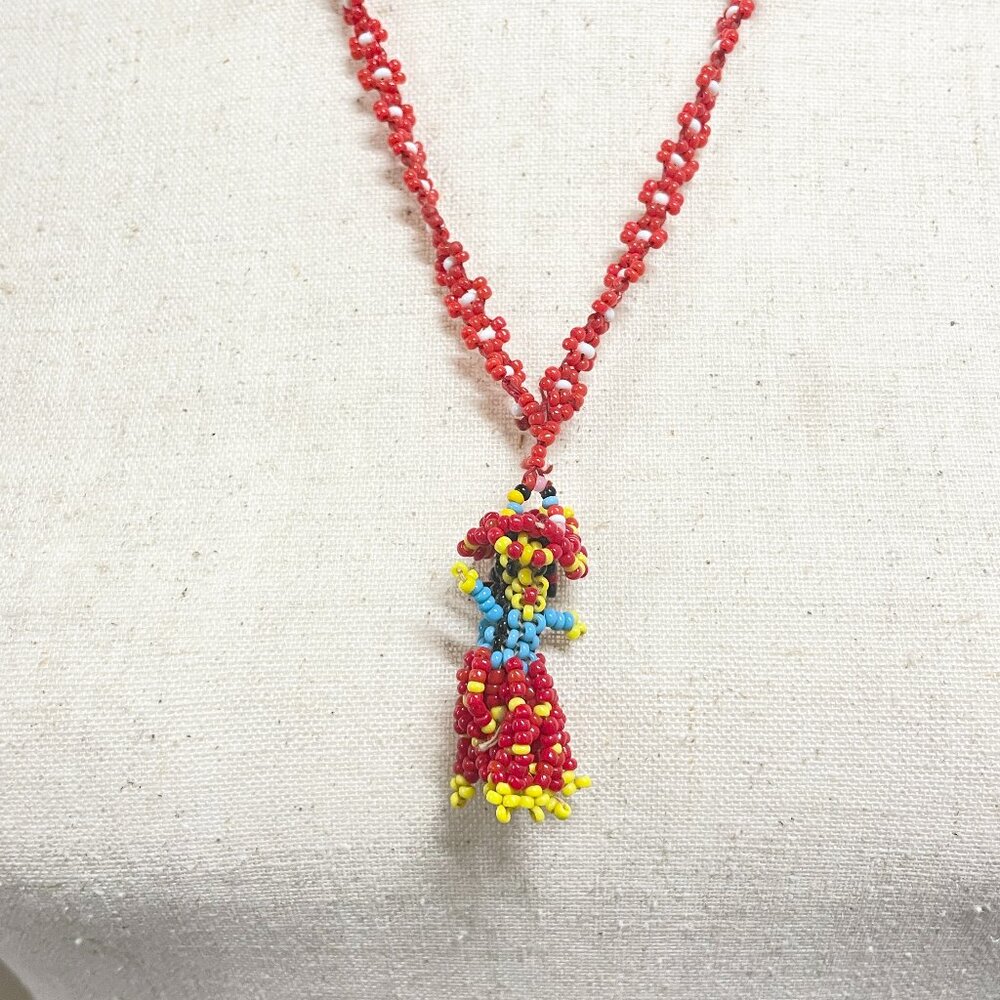 Handmade Beaded Folk Art Necklace | Colorful Boho Woman Pendant |‎ Red Seed Bead